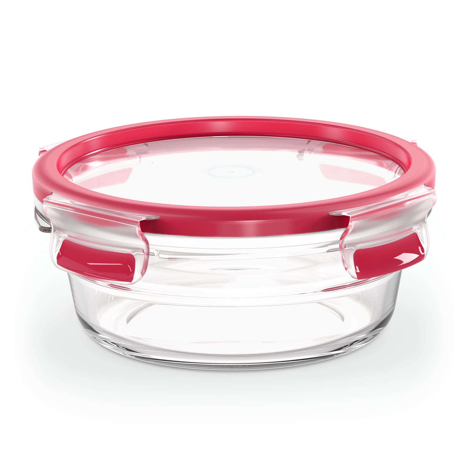 EMSA Clip & Close Glas Frischhaltedosen-Set, rund, 0,6 L, 16,7 x 16,7 x 7 cm, 100 Prozent dicht, Glasbehälter spülmaschinen-, gefrier-, backofen-, mikrowellenfest, Rot, Transparent, N10403
