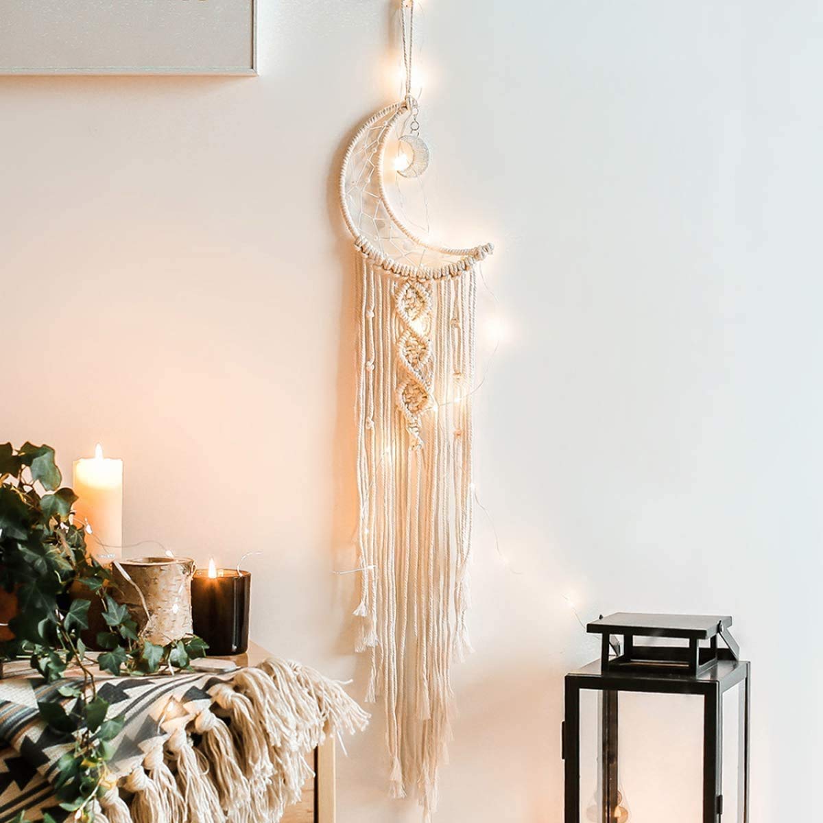 Dremisland Macrame Wall Hanging with LED Light Bohemian Moon Dream Catcher Woven Tapestry Handmade Dreamcatcher with Tassel for Wedding Party Ornaments Craft Gifts Ramadan Decorations