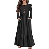 HOSIKA Girls Fall Ruffle Long Sleeve Crew Neck Loose Casual Flowy Tiered Maxi Dress with Pockets for 6-12 Y