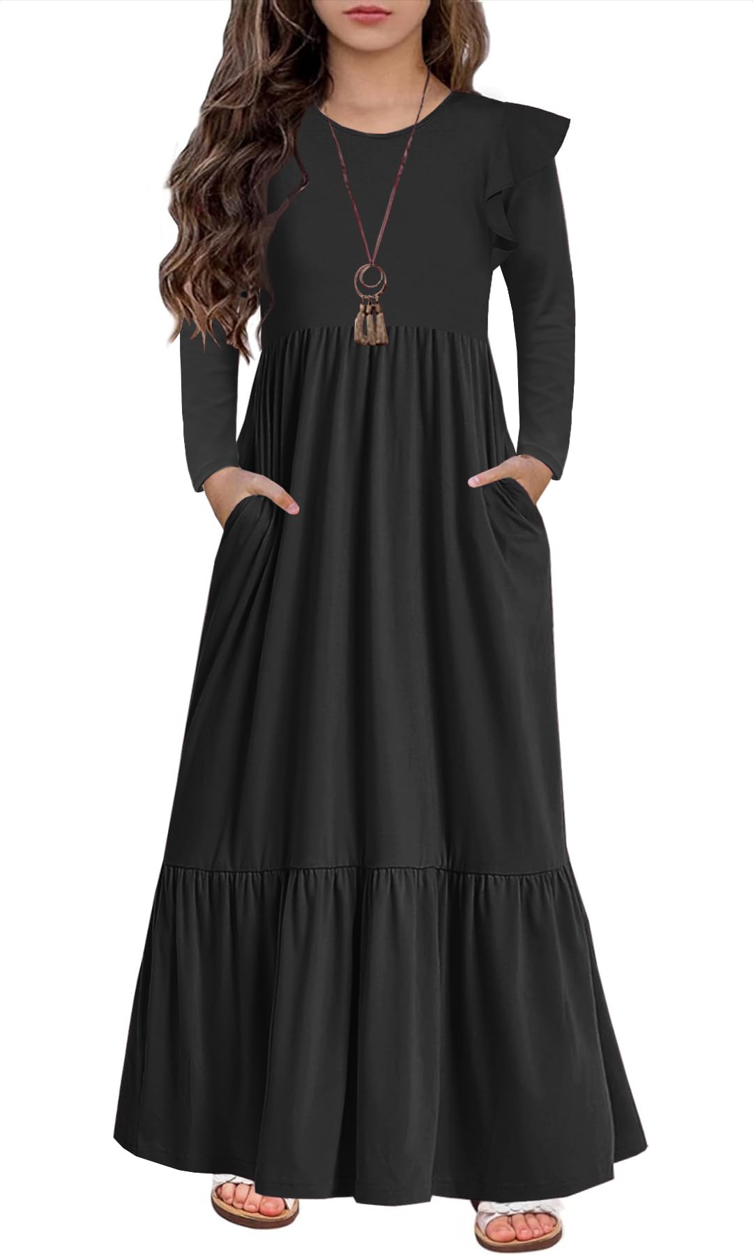 Photo 1 of   HOSIKA Girls Fall Ruffle Long Sleeve Crew Neck Loose Casual Flowy Tiered Maxi Dress with Pockets for 6-12 Y Black