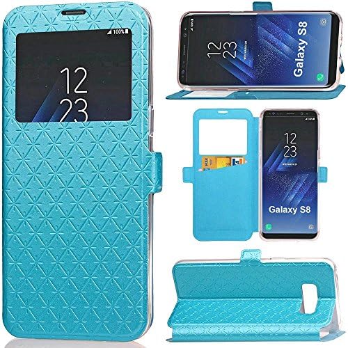 Galaxy S8 Case, ArtMine Solid Color Window View Function Flip Folio Book Style Card Slots Kickstand Faux Leather Quilted Wallet Phone Case for Samsung Galaxy S8, Blue