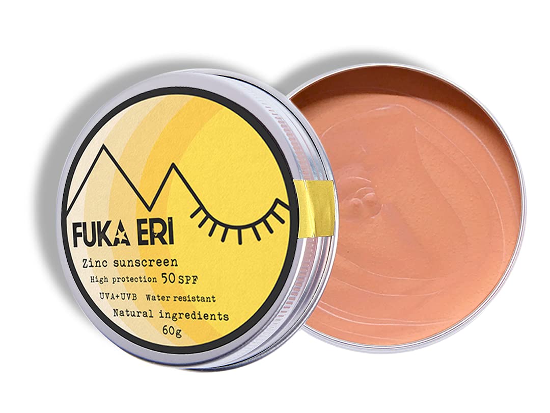 Fuka Eri mineral zinc sunblock, non-nano. Natural ingredients, 50 SPF. Vegan, waterproof and reefsafe. Face and body. Tinted sunscreen. Broad spectrum. Improved formula, 60g