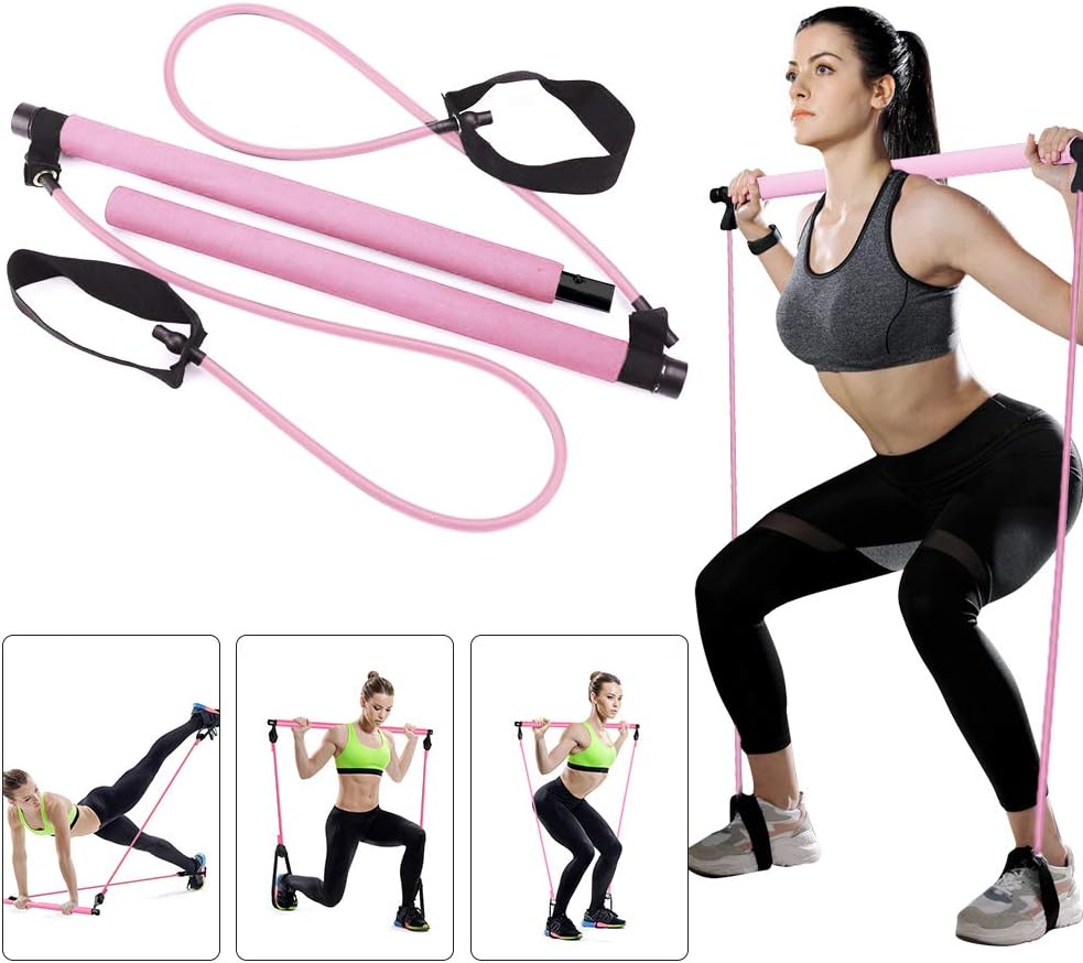 Pilates Bar Kit with Resistance Band, Yoga Pilates Stick Muscle Toning Bar with Foot Loop, Portable Home Gym Pilates Yoga Exercise Bar for Total Body Workout