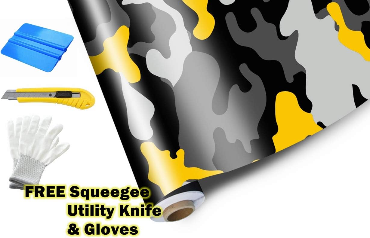 MJVINYL Camouflage Vinyl Film Wrap Decal Air Bubble Free Yellow Black White Gray Free Tool Kit (60" x 60" / 5FT x 5FT)
