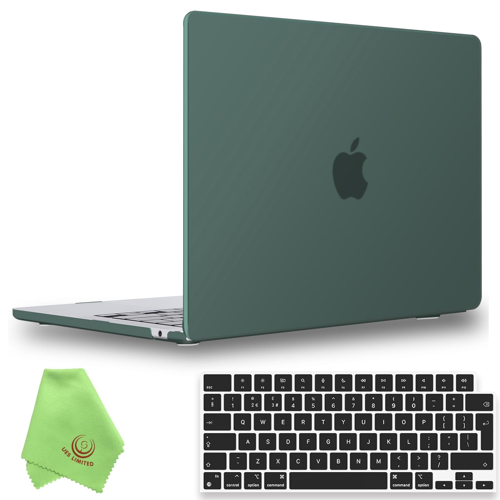 UESWILL 2in1 Compatible with MacBook Air (15 inch, M2 M3 M4 M5, 2023 2024 2025 2026) Model A3448 A3241 A3114 A2941, Matte Hard Shell Case + EU Layout Keyboard Cover + Microfiber Cloth, Midnight Green