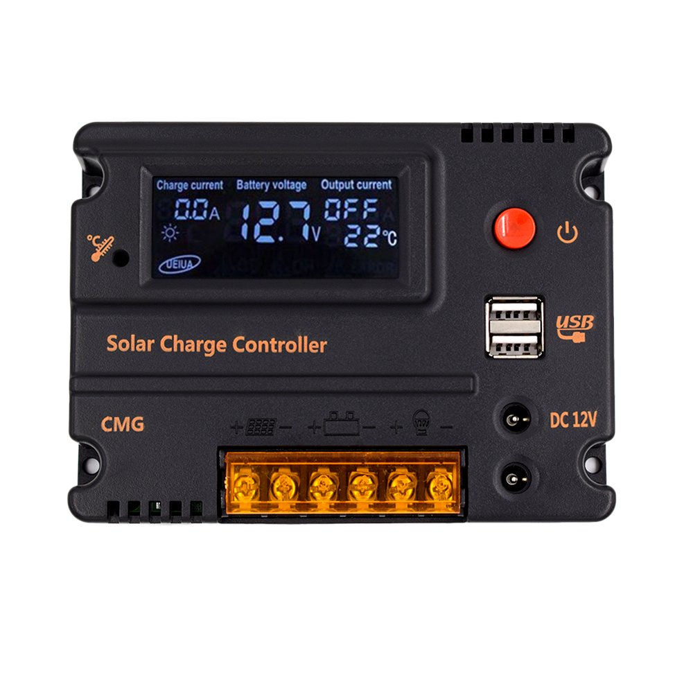 COSSCCI 10A 12V/24V Solar Charge Controller, Solar Panel Battery Intelligent Regulator Auto Switch, LCD Display Intelligent USB Port, Overload Protection &Temperature Compensation