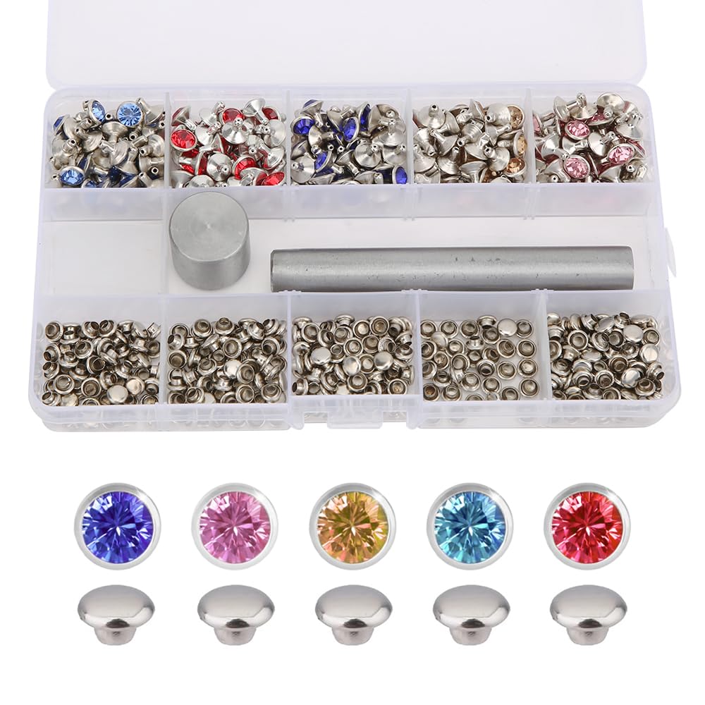 250Pcs Rhinestone Stud Rivets, 5 Colors DIY Leather Decor Rivets Crystal Rivets, Diamond Spikes Rivets Accessories for Clothing, Arts Crafts Decoration