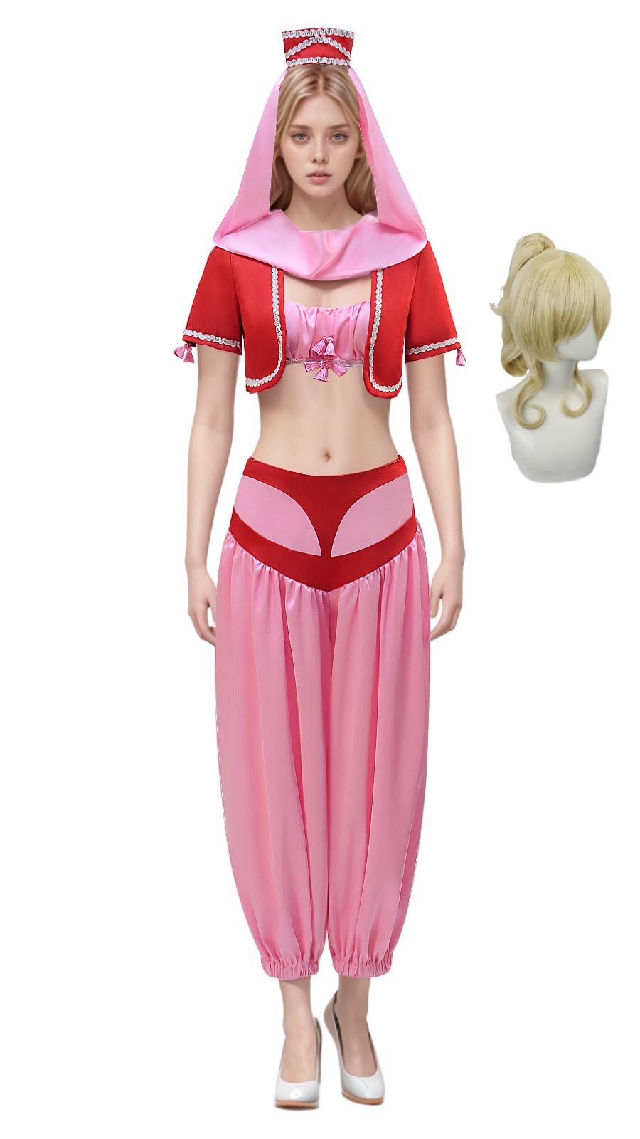 Photo 1 of Ocpiley I Dream of Jeannie Costume for Women Red/Green Genie Jeannie Costume Set with Magic Bottle Halloween Outfit (Red-with Wig, Small)