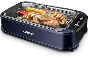 Indoor Grill Electric Grill CUSIMAX Smokeless Grill Portable Korean BBQ Grill with Turbo Smoke Extractor Technology, Non-stick Removable Grill Plate, Tempered Glass Lid, Great for Party(Single Plate)