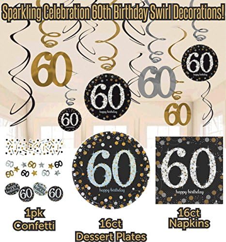Sparkling Celebration 60th Birthday Party Decorations Supply Bundle Pack Includes Sparkling Celebration Desert Plates, Beverage Napkins, Hanging Swirl Decorations and Confetti