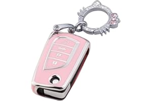 Pangpai Pink Key Fob Cover for Toyota, Soft TPU Key Case Protection with Bling Keychain Fit for Toyota Fortuner Tundra Camry RAV4 Highlander Corolla Smart Key Holder