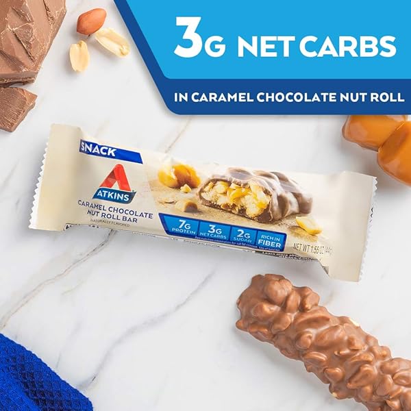 ATKINS CARAMEL CHOCOLATE NUT ROLL SNACK BAR, PROTEIN SNACK, HIGH IN FIBER, 2G SUGAR, 8 COUNT