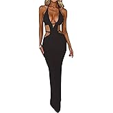 Women Sexy V Neck Bodycon Sweater Dress Knitted Halter Backless Hollow Out Waist Maxi Dress Party Club Long Dresses