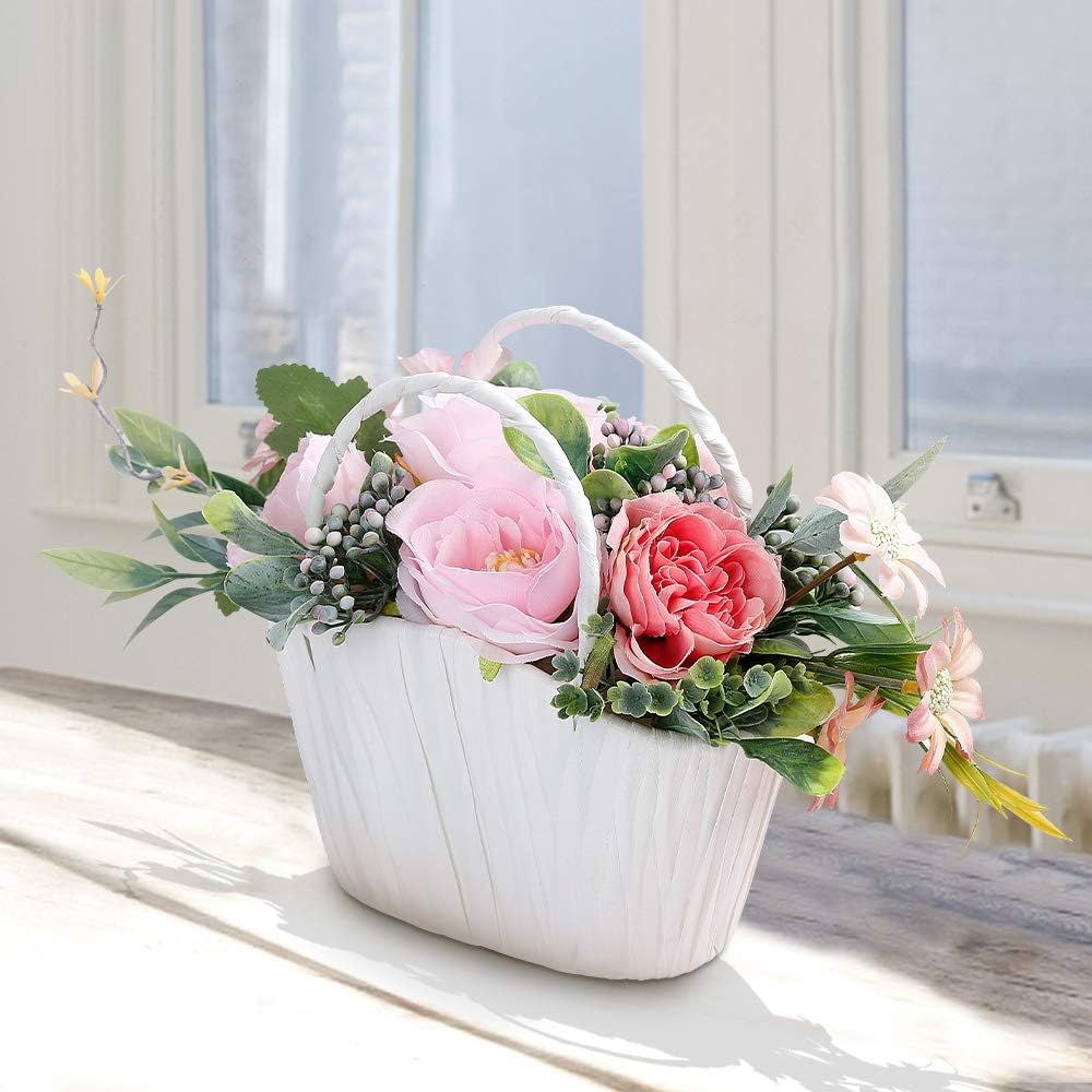 Efanty Artificial Flowers Handmade Fake Silk Peony Hydrangea Camellia Realistic Flower Bouquet Decor Arrangements for Christmas Wedding Party Home Decoration Table Centerpieces(White Basket,Pink)