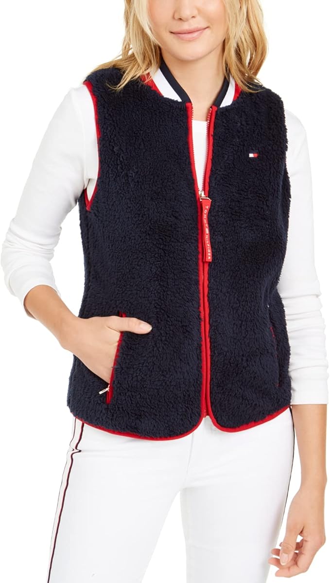 Tommy Hilfiger Womens Vest Blue US Size XS Sherpa ZipPocket FrontZip