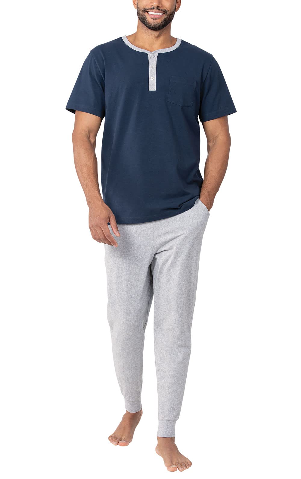 PajamaGram Mens Lightweight Jogger Pants Pajama Set 100 Cotton PJ Sets for Men Casual Joggers for Men with Pockets Sets Gray Jogger Pants for Navy Blue Short Sleeve Henley Top XXL Image