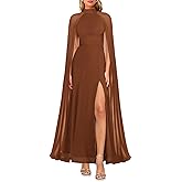 MAYFASEY Women's Elegant Long Sleeve Halter Neck Sexy Split Cocktail Evening Party A Line Maxi Long Formal Dress with Cape