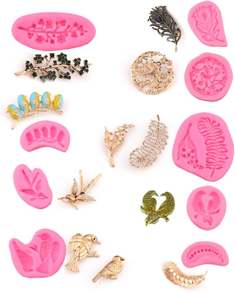 9pcs Bird Feather Silicone Mold, Clay Fondant Molds for Wedding Cake Decor
