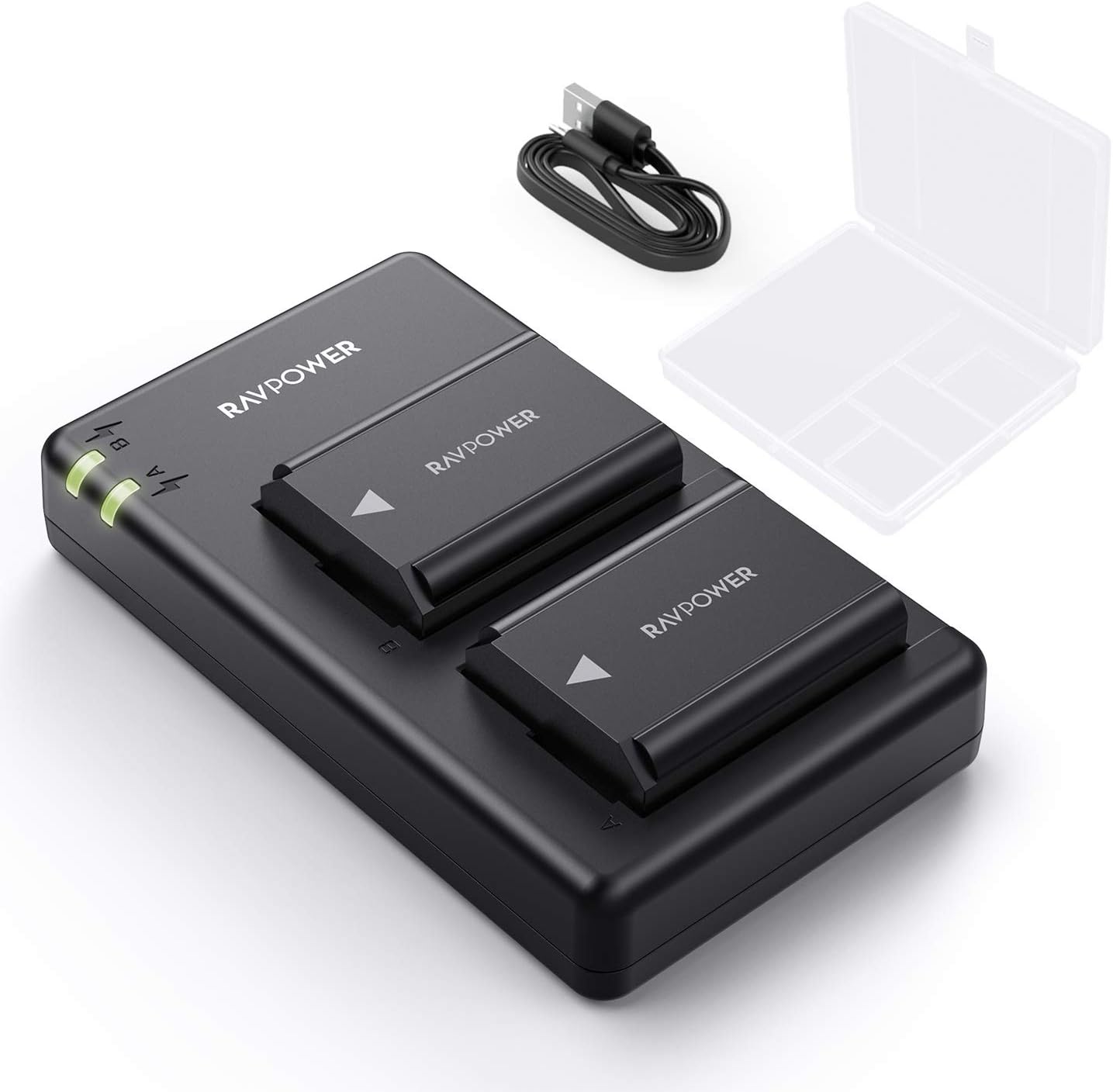 NP-FW50 RAVPower Camera Batteries Charger Set with Battery Case for Sony A6000 A6400 A6300 A6500 A7 A7II A7RII A7SII A7S A7S2 A7R A7R2 A55 A5100 RX10 (2-Pack, Micro USB Port, 1100mAh) (RP-PB056-011)