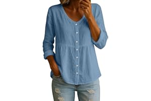 Women Empire Waist Shirts Cotton Linen Button Down Blouses V Neck Peplum Tops Casual Long Sleeve Lightweight T-Shirt