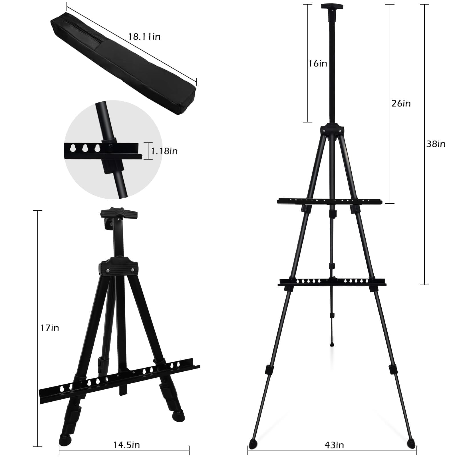 Art Painting Display Artist Easel Stand,Ns Jymb Portable Metal Adjustable Easels for Painting Canvases Height from 17 to 66 Inch - Carry Bag for Table-Top/Floor Displaying and Wedding Signs - Black