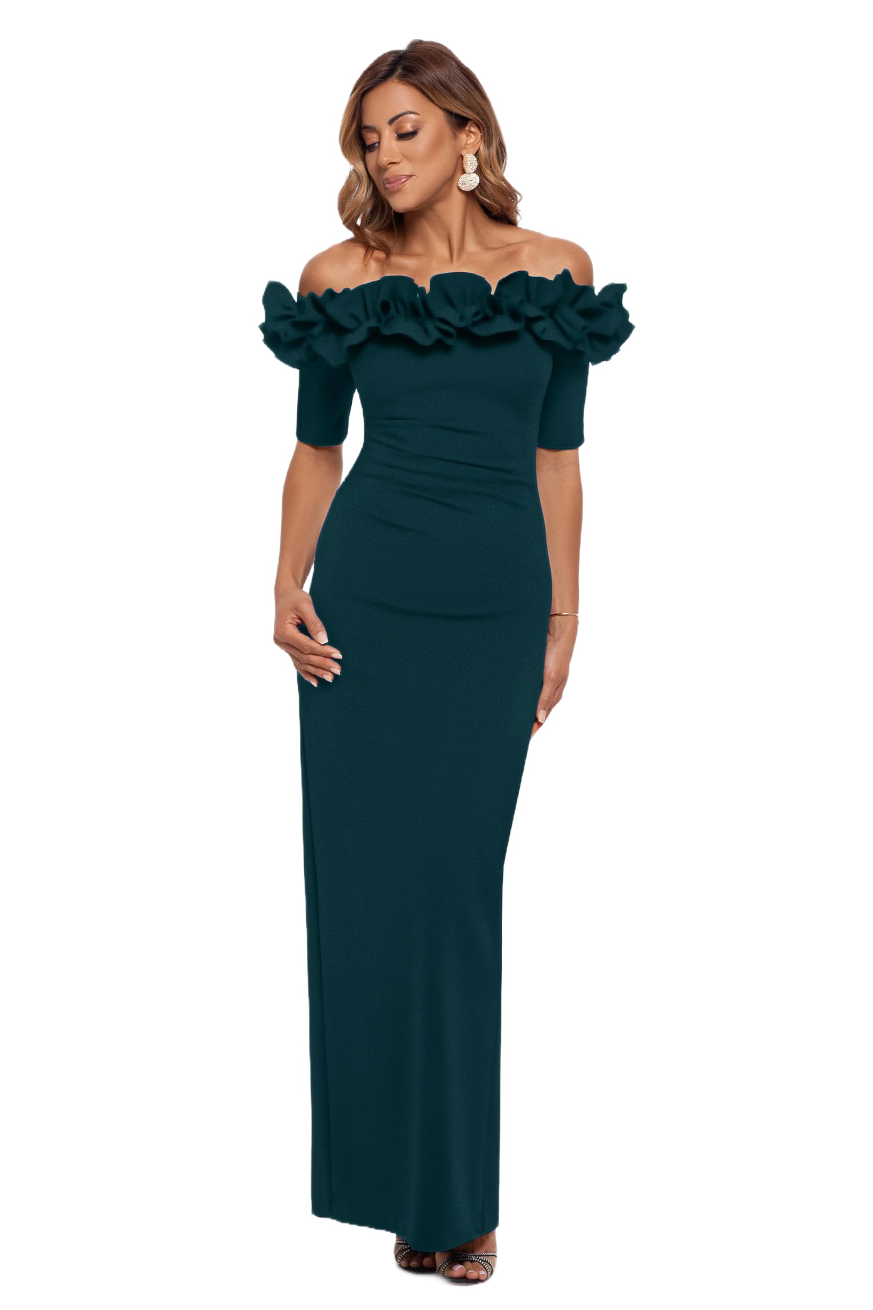 Off Shoulder Long Dress Woen's XSCAPE Off-the-Shoulder Scuba Crepe With  Drape | Zappos.co Floor Length Evening Dress