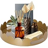 Round Gold Decorative Serving Tray with Handles,11” Versatile Ottoman Tray for Coffee Table Round Scalloped Vanity Tray Decor