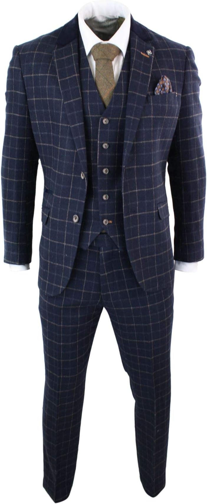 Mens Navy Blue 3 Piece Herringbone Check Suit Vintage Retro Tweed