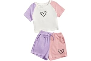 SOLY HUX Girl's Colorblock Heart Print Raglan Short Sleeve T Shirt and Shorts 2 Piece Summer Outfit