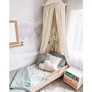 YIUOR Kids Bed Canopy with Frills Cotton Mosquito Net for Baby Crib Reading Nook Curtain Hideaway Hanging Round Tent Nursery Bedding Play Room Decor (Beige)