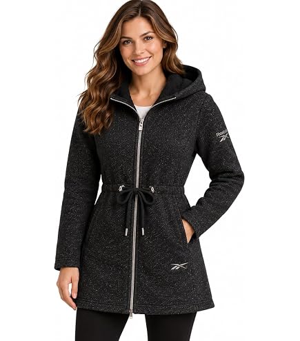 Reebok Womens Long Double Sided Fleece Zip-Up Jacket, Black, S at