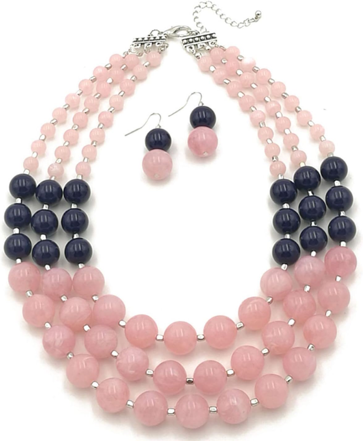 Shineland Elegant 3-Row Layered Handmade Acrylic Glass Pearl Stone-simulated Beaded Necklace Earrings Set