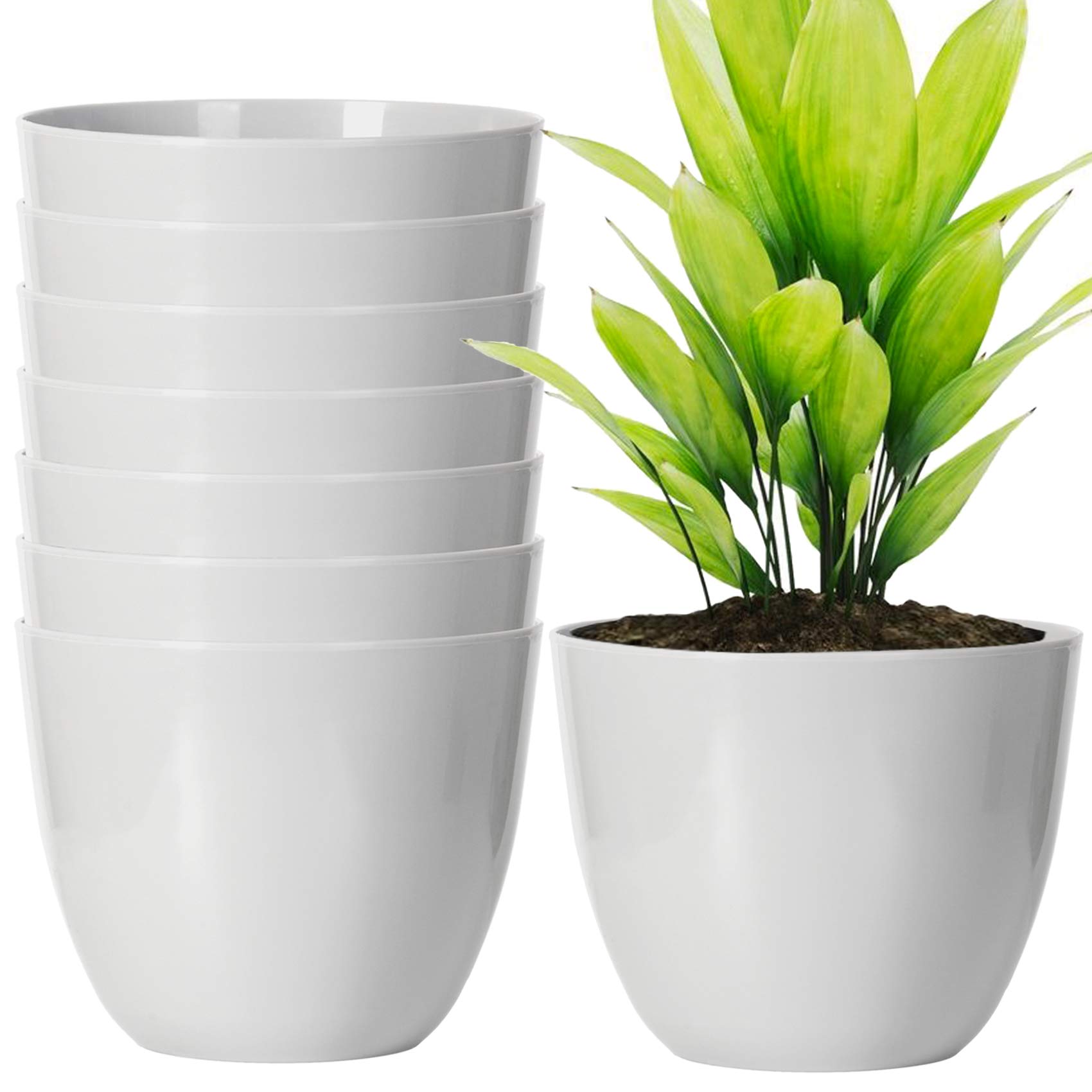 Youngever 8 Pack 14CM Plastic Planters Indoor Flower Plant Pots, Modern Decorative Gardening Pot with Drainage (Grey)