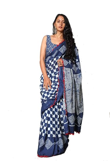 Blue Cotton Hand Block Printed Saree