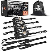 ITORRIN Retractable Ratchet Straps(4 PK)- 1 Inch x 10 Feet (1,650lb Break Strength)-Self Retracting Tie Down Straps for Motorcycle, ATV, Truck, Cargo, Appliance & More -Black + 4 PK Soft Loops