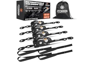 ITORRIN Retractable Ratchet Straps(4 PK)- 1 Inch x 10 Feet (1,650lb Break Strength)-Self Retracting Tie Down Straps for Motorcycle, ATV, Truck, Cargo, Appliance & More -Black + 4 PK Soft Loops