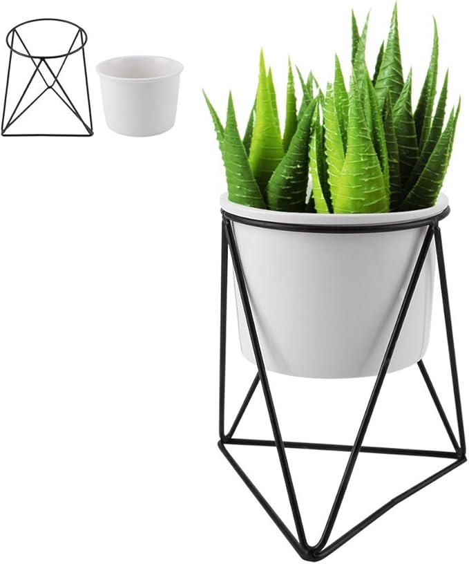 Ceramic Flower Pot, Modern Planter with Triangle Geometric Metal Iron