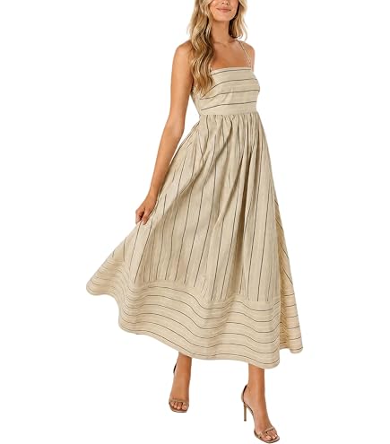 ladies striped backless dress Leyoutx Women's Sexy Big Hem Swing Spaghetti Strap Back Smocked Maxi Long Flowy Dress (X-Small, Apricot) at Amazon Women's Clothing store Complete your look with Adrianna Women's Strech V-Neck Color:Full Champagne w/Pearl Lace Liquid Beaded