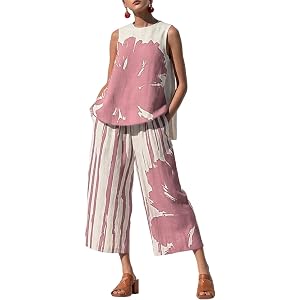 Women Vacation 2 Piece Matching Outfits Sleeveless Tank Top Wide Leg Capri Pants Sets Boho Travel Loungewear Set