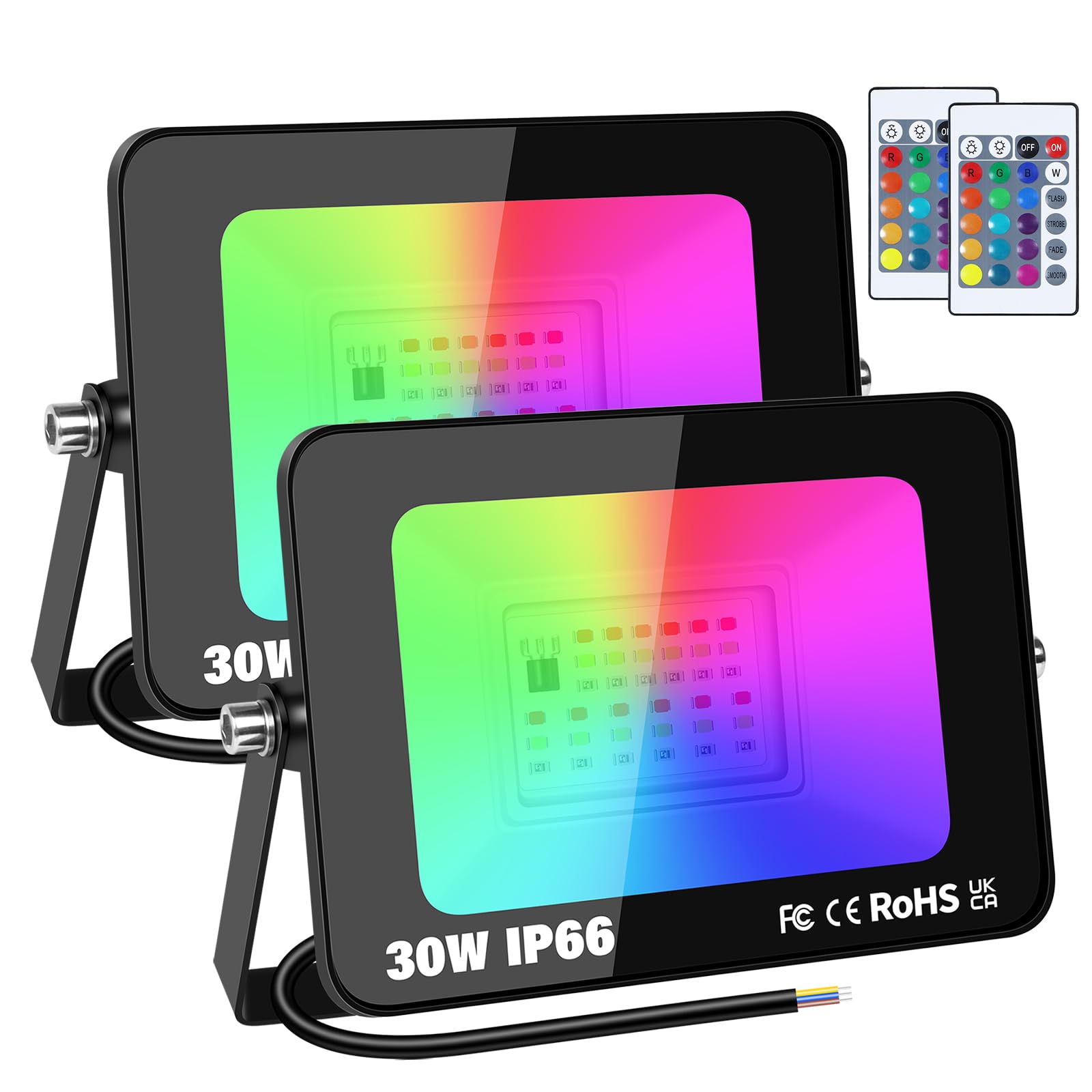 RIGIDON 2 Pack Outdoor RGB LED Floodlight, 30W Dimmable 16 Colour Changing Flood Lights for Garden, Courtyard, Landscap, Stage Decoration, IP66, Electric Mains Powered, Remote Control, 175-265V