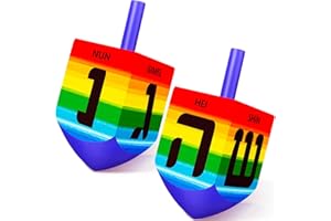Wonderjune 2 Pcs Hanukkah Dreidels Extra Large Wooden Dreidel for Hanukkah Decoration with English Transliteration, Forever Spinning Tops Party Favors(Rainbow)