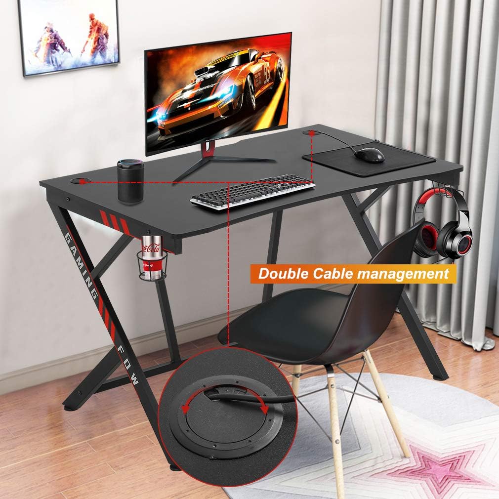 Gaming Desk Computer Desk Home Office Desk Racing Style Study DeskExtra Large Modern Ergonomic PC Carbon Fiber Writing Desk Table with Cup Holder Headphone Hook: Furniture & Decor