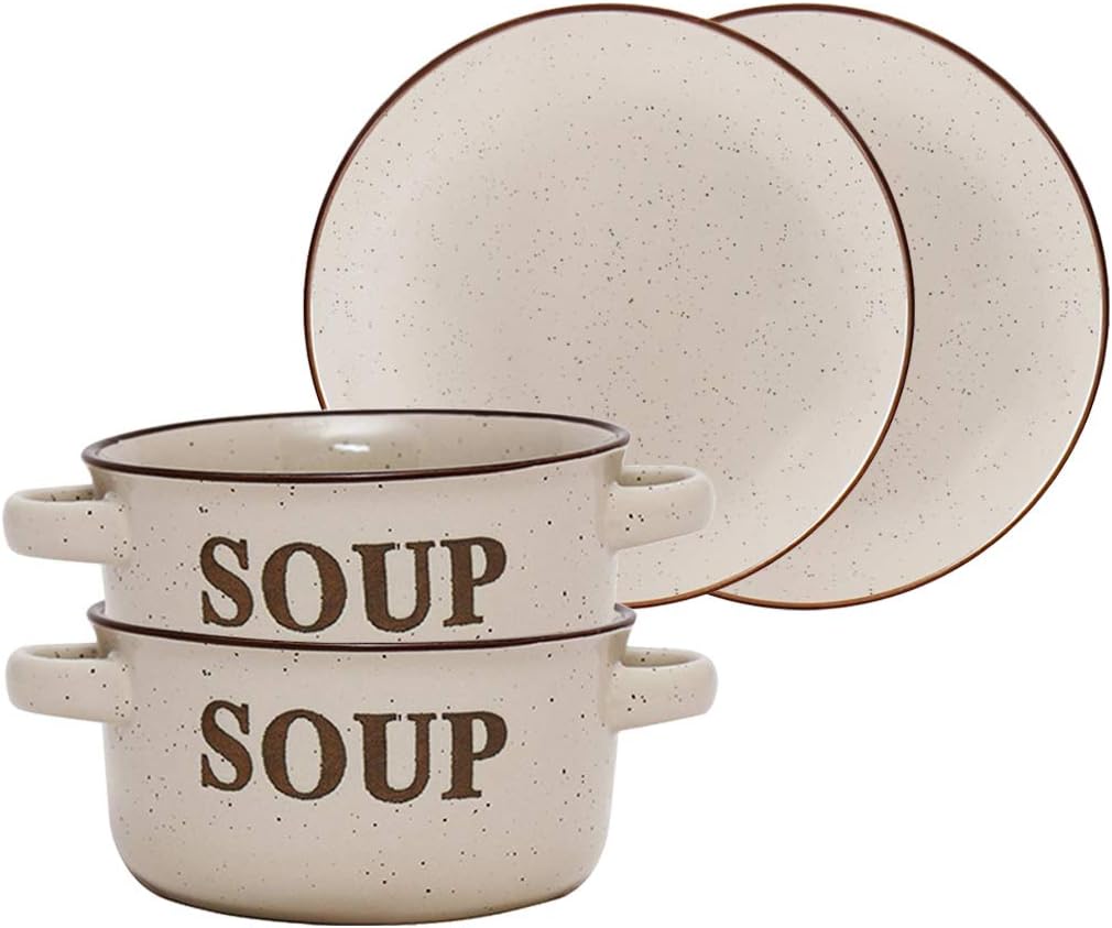 Set of 2 Stoneware Ceramic Soup Bowls Dishes with Handles and Bread Plates Set Amazon.co.uk