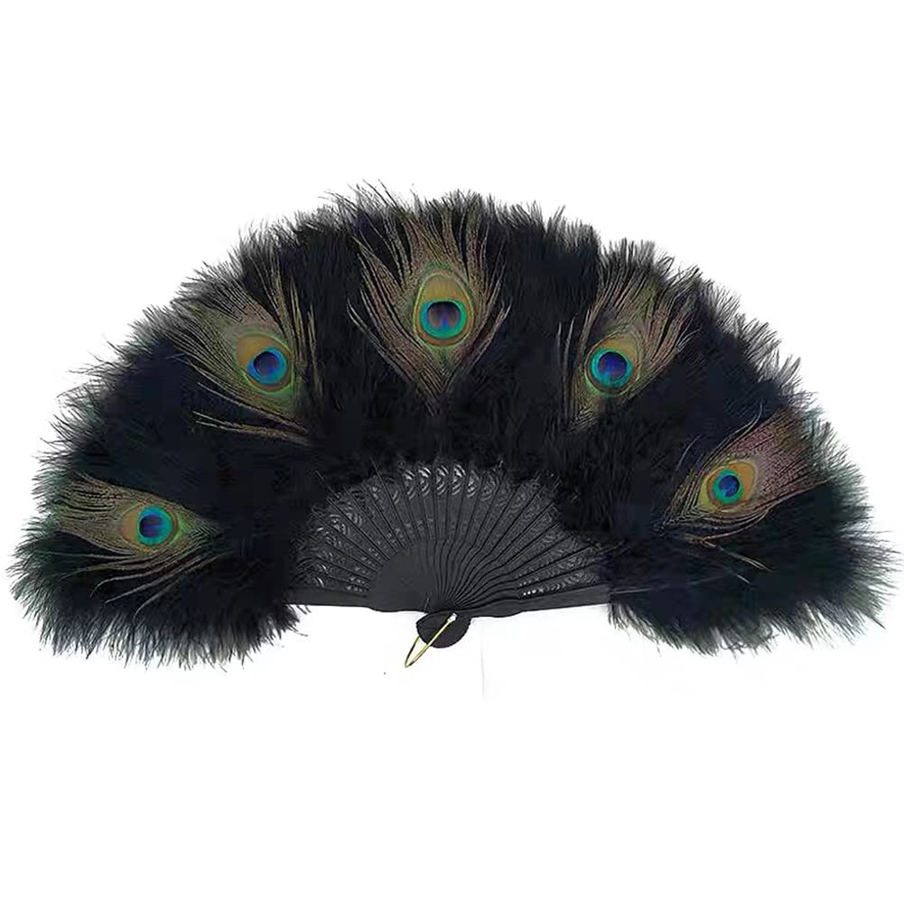 1920s Marabou Feather Fan - Flapper Folding Handheld Wedding Party Dance Fan (Black-Peacock)