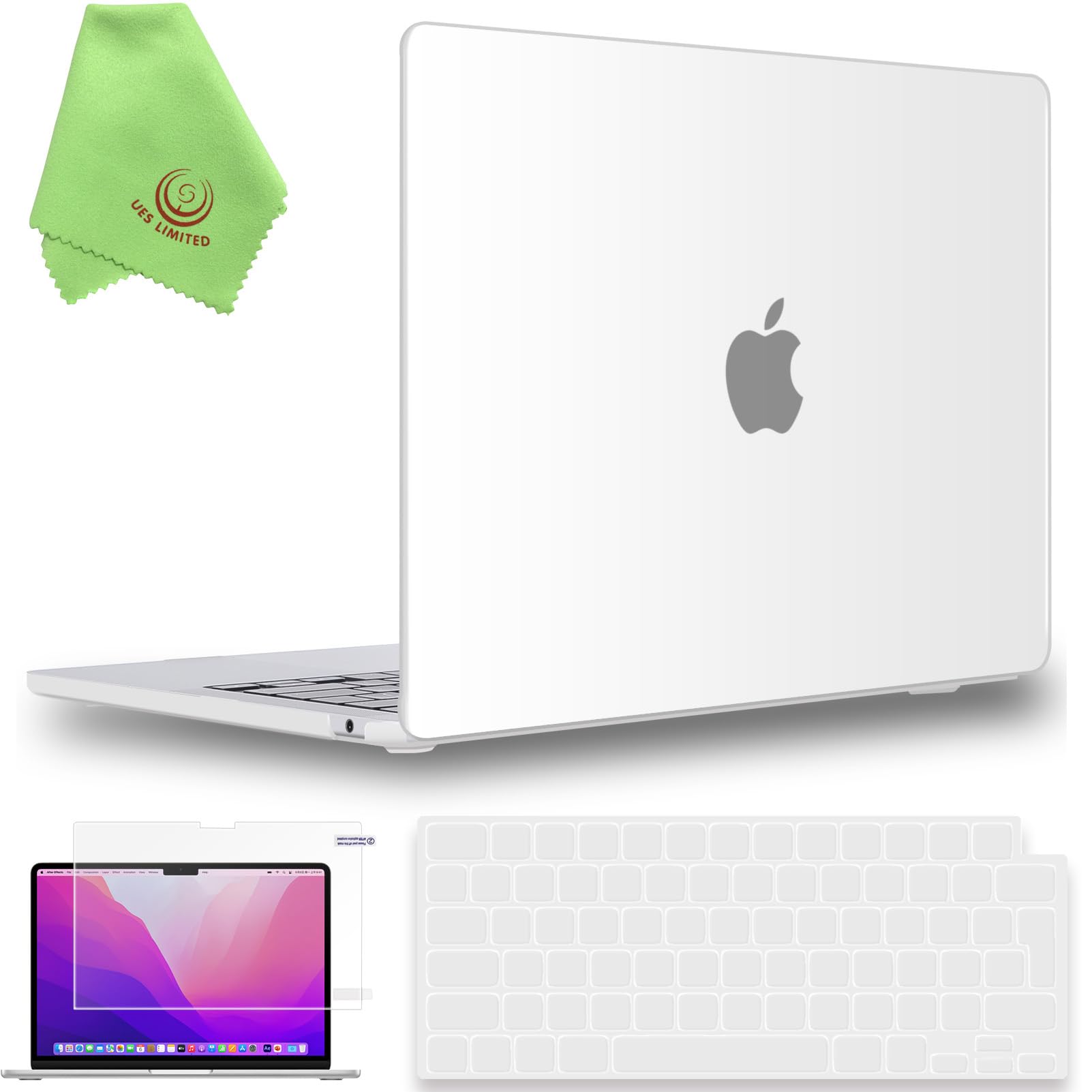 UESWILL 4in1 for MacBook Air (15 inch, M2 M3 M4 M5, 2023 2024 2025 2026) Model A3448 A3241 A3114 A2941, Matte Hard Shell Case + Keyboard Cover + Screen Protector + Microfiber Cloth, Frosted Clear