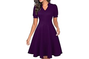 Mokayee Womens Summer Short Puff Sleeve Casual Semi-Formal Fit and Flare Church Wedding Guest Work Dresses with Pockets