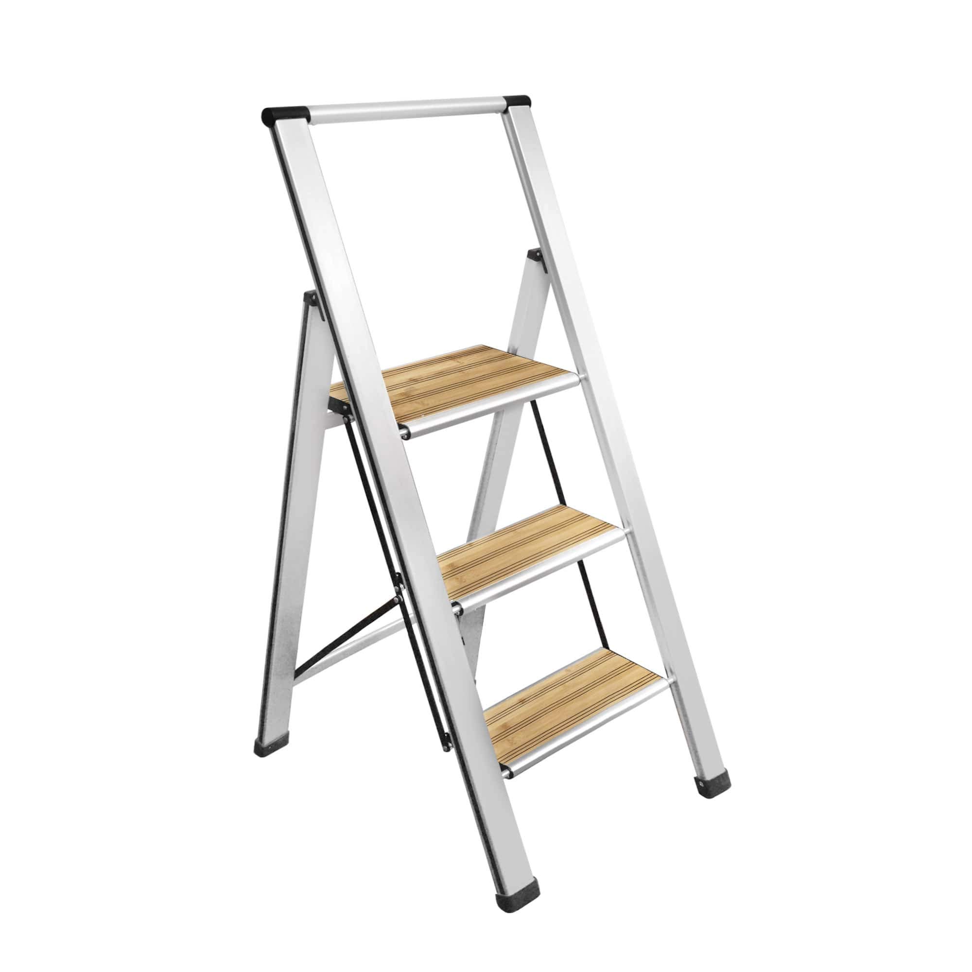 Sorfey Premium 3 Step Modern Bamboo Ladder. Lightweight,-Ultra Slim Profile, Anti Slip Steps, Sturdy-Portable for Home, Office, Kitchen, Photography Use, Silver Aluminum Finish