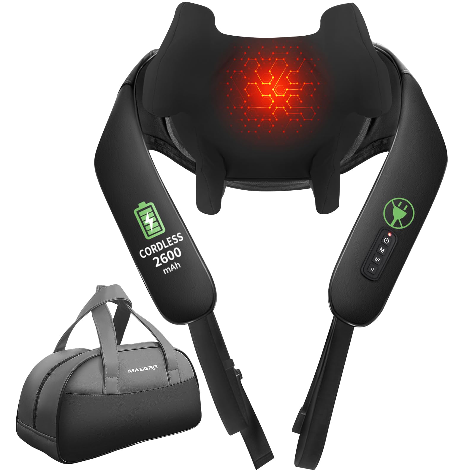 Photo 1 of MASGRE Shiatsu Neck and Back Massager with Heat, Upgraded 2600mAh Cordless Shoulder Massager Deep Tissue 6D Kneading with Carry Bag, Massages Pillow for Neck, Back, Shoulder, Body Gifts for Mom Dad