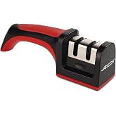 Arcos Sharpeners Manual Knife Sharpener tool. Made of ABS + TPE. Carbide and Ceramic Rollers. Keep Your Knives Razor Sharp. Black and Red Color