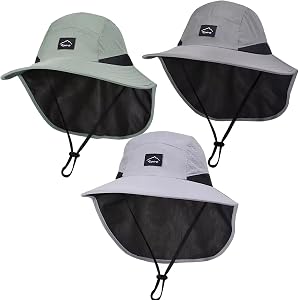 3 Pack Kids Sun Hats with Neck Flap UV Protection Fishing Hat Children Wide Brim Beach Hat for Age 5-14 Boys and Girls